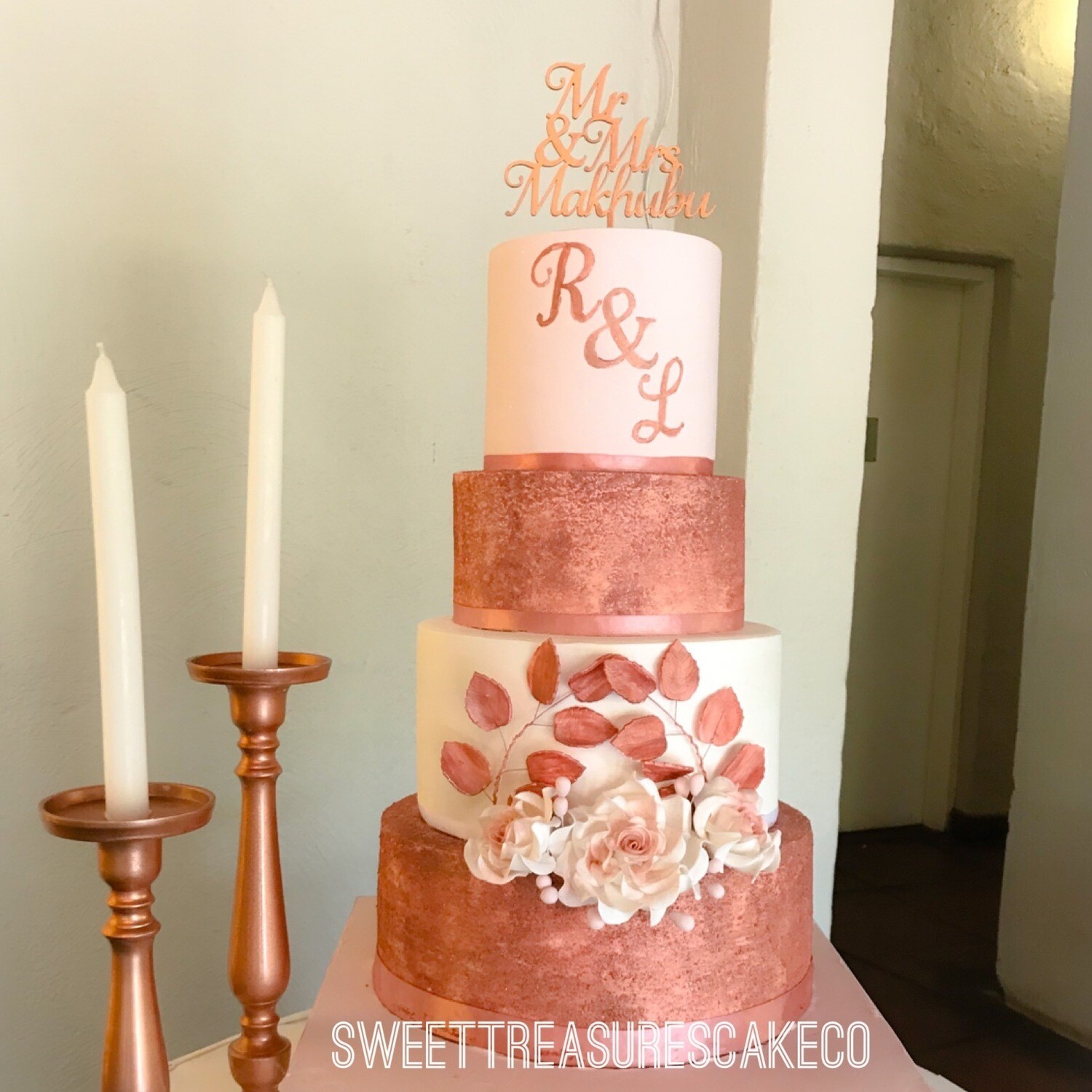 4 tier Rose Gold and dusty pink Wedding Cake quotation
