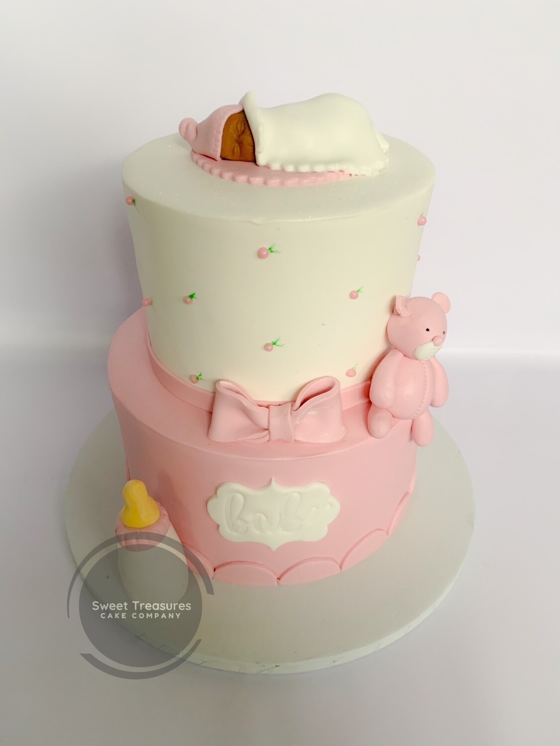 Pink and white babyshower 2 tier Cake