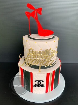 Red, Black and Cream Chanel inspired heel 2 tier cake