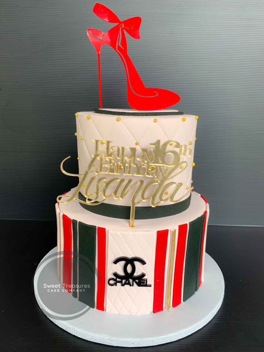 Red, Black and Cream Chanel inspired heel 2 tier cake