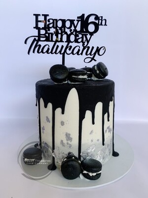 Black, Silver and White Chocolate drip Single tier cake