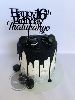 Black, Silver and White Chocolate drip Single tier cake