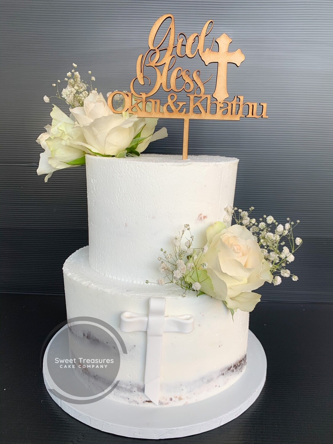 Semi naked Christening 2 tier cake