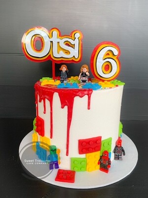 Lego themed Single tier Chocolate drip cake