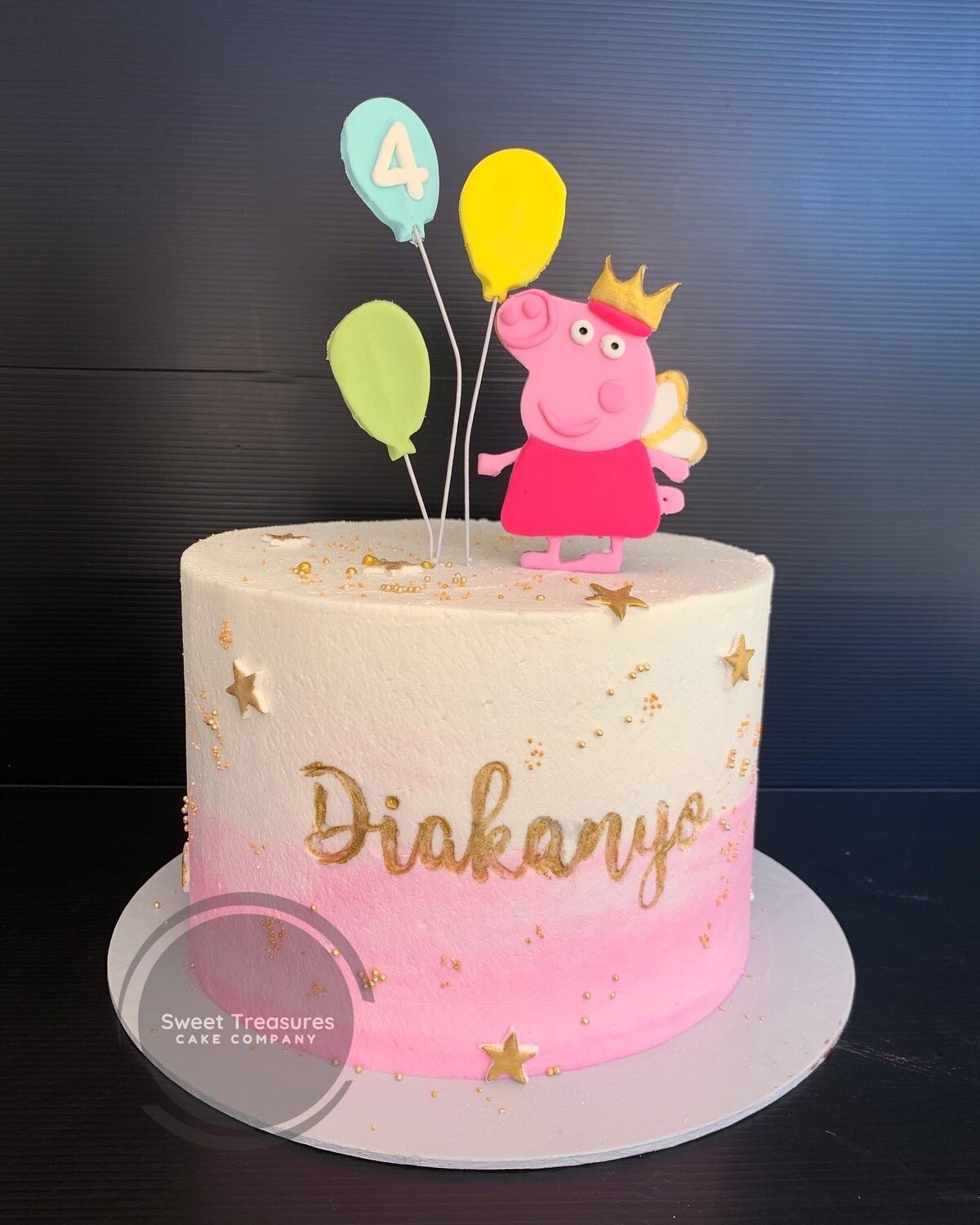 Peppa Pig Single tier Cake, Size: 7 inches (18cm wide): 3 layers tall (12cm), 2 layers of filling: up to 12 Servings, Upsize (Add Layer to make taller and serve more guests);: No thank you