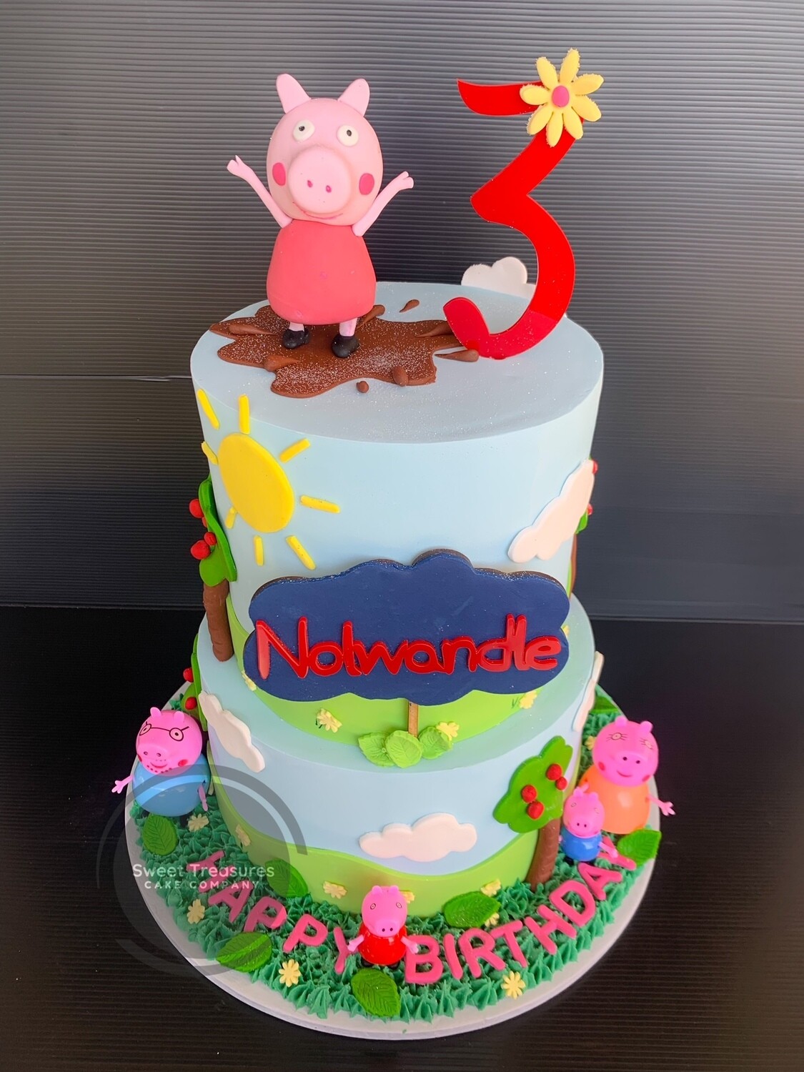 Peppa Pig birthday 2 tier Cake, Size: 5&amp;7 inches (12&amp;18cm wide per tier) 3 layers cake, 2 layers of filling per tier: up to 15 Servings, Upsize (Add Layer to make taller and serve more guests);: No thank you