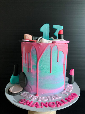 Make Up themed chocolate drip Single tier cake
