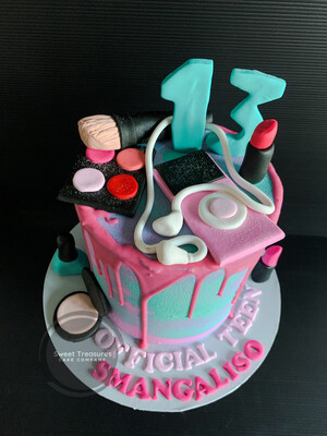 Make Up themed chocolate drip Single tier cake