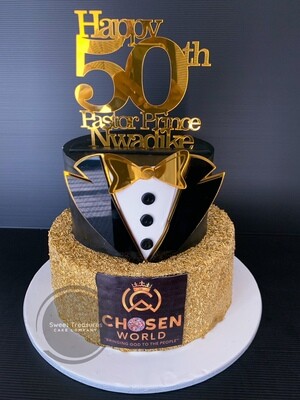 Black and gold suit 2 tier cake