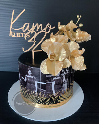 Black and gold Orchards Birthday Single tier Cake