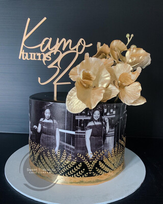 Black and gold Orchards Birthday Single tier Cake