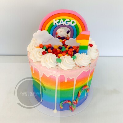 Single tier Rainbow Chocolate Drip Candy Cake