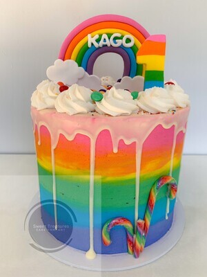Single tier Rainbow Chocolate Drip Candy Cake