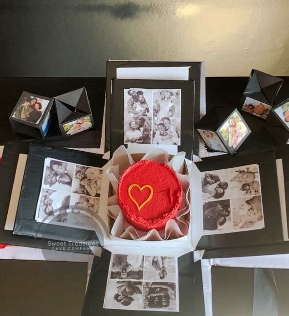 Beautifully crafted Valentine&#39;s cake inside the Explosion of Love Gift Box.