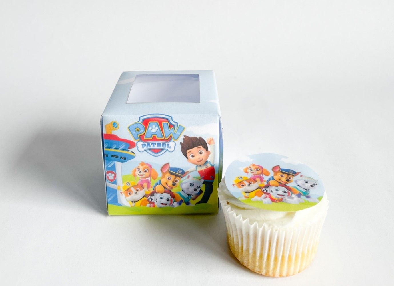 Cupcake Box WITH CUPCAKE:  Paw Patrol Inspired, Quantity: 12, Add Cupcake to Cupcake Boxes: Add Themed cupcake with fondant print