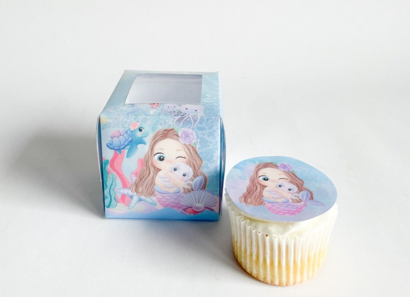 Cupcake Box WITH CUPCAKE: Mermaid Dreams, Quantity: 12, Add Cupcake to Cupcake Boxes: Add Themed cupcake with fondant print
