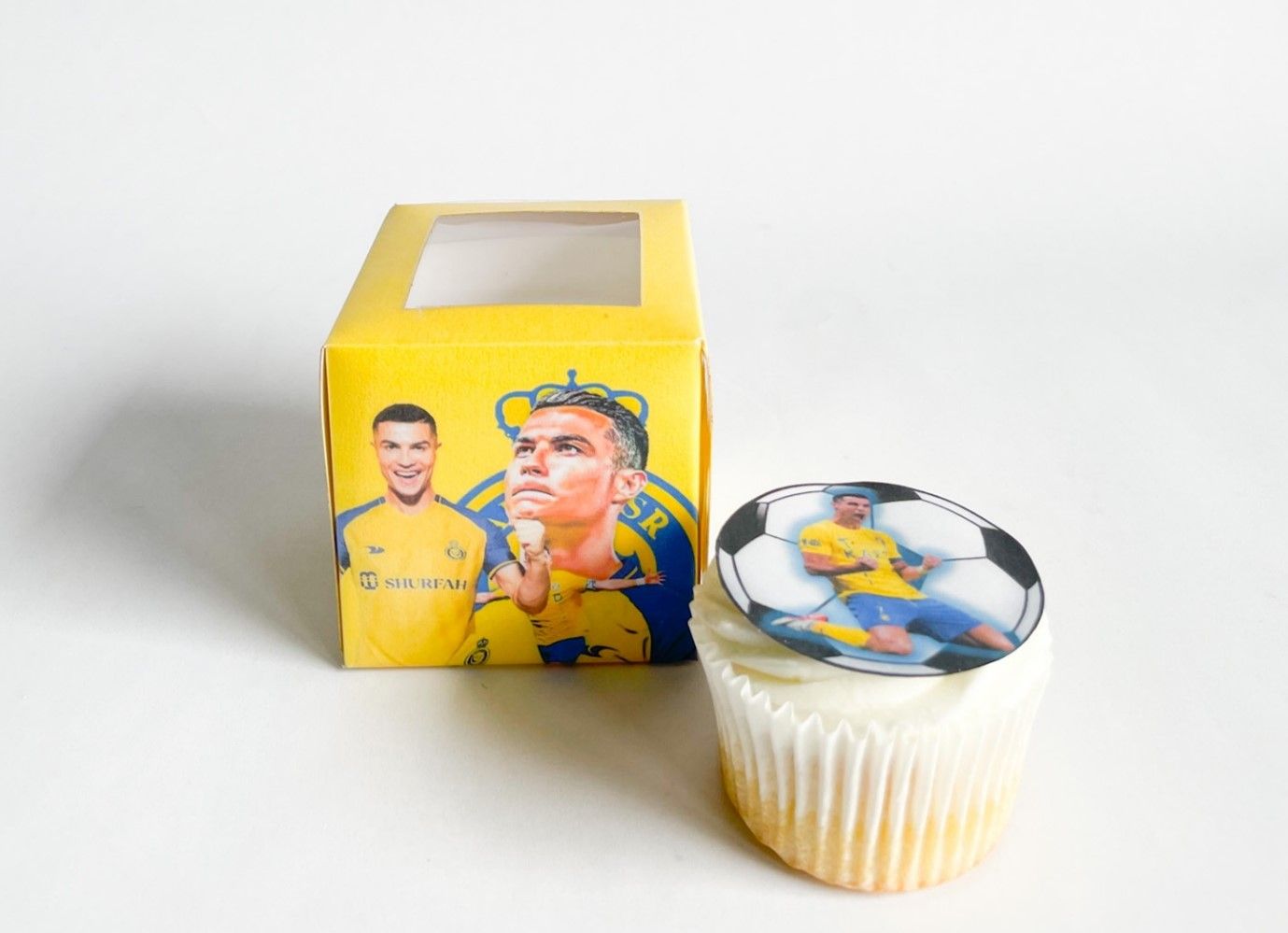 Cupcake Box WITH CUPCAKE: Soccer (Al Nassr) Ronaldo, Quantity: 12, Add Cupcake to Cupcake Boxes: Add Themed cupcake with fondant print