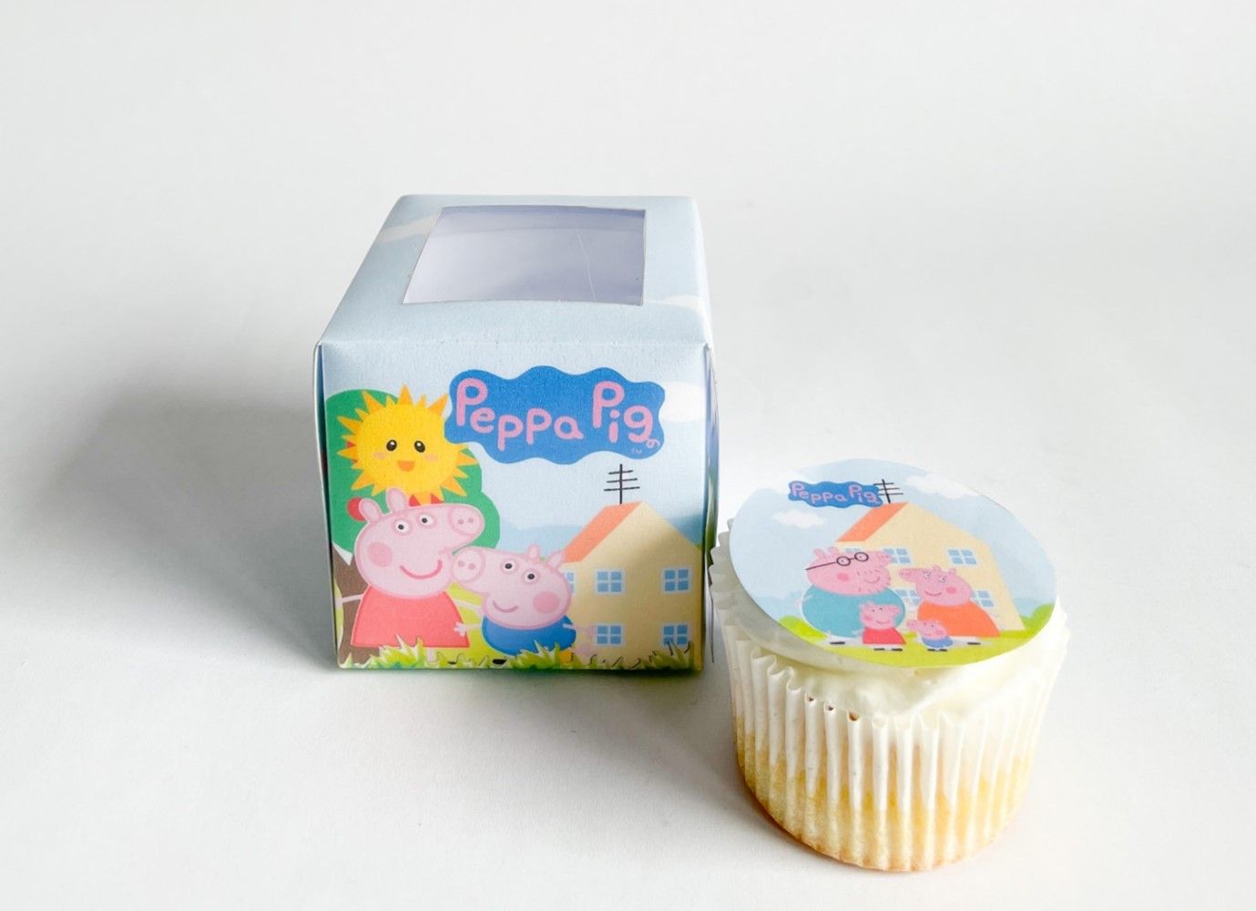 Cupcake Box WITH CUPCAKE: Peppa Pig Inspired, Quantity: 12, Add Cupcake to Cupcake Boxes: Add Themed cupcake with fondant print
