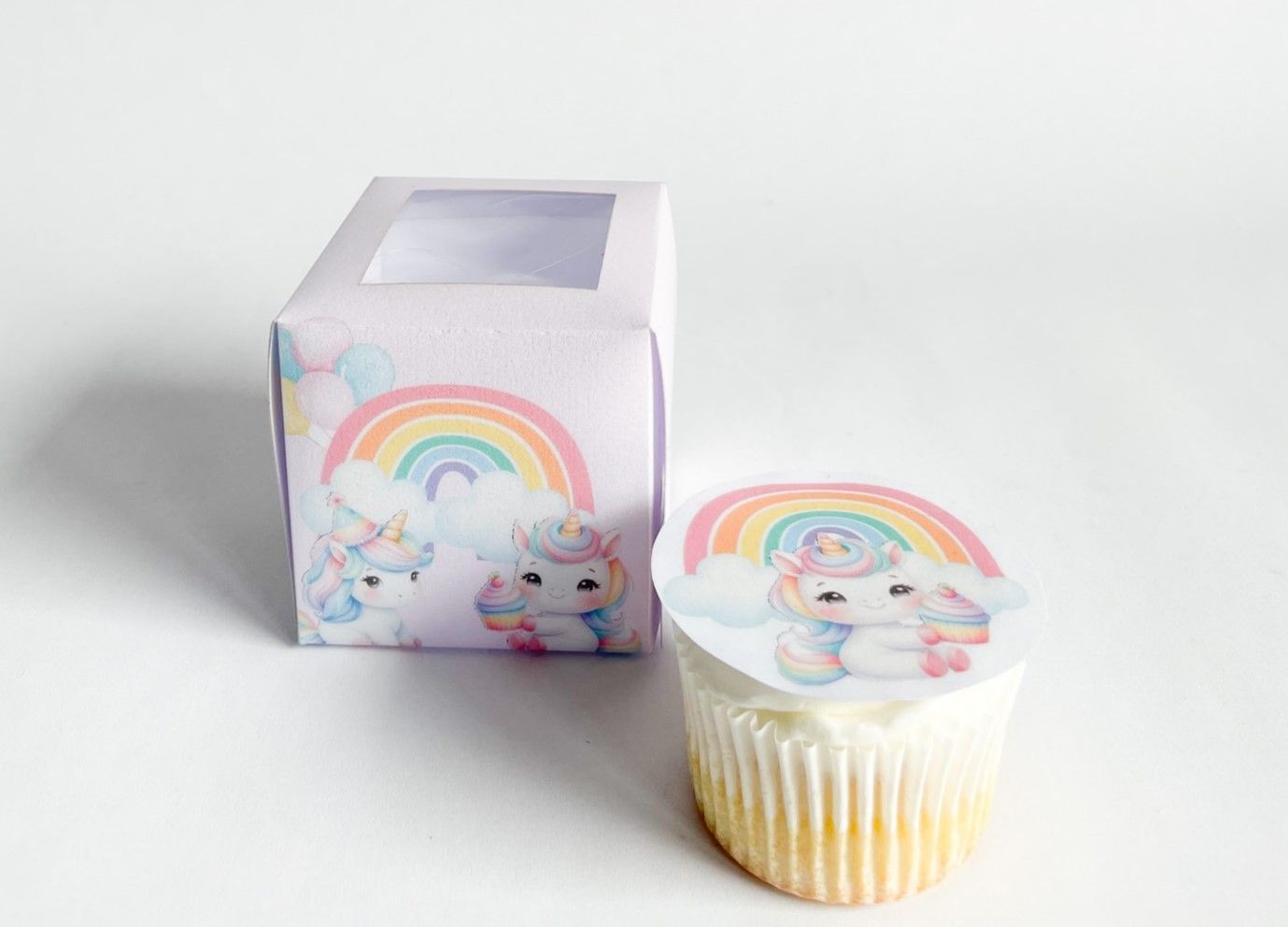Cupcake Box WITH CUPCAKE: Unicorn Dreams, Quantity: 12, Add Cupcake to Cupcake Boxes: Add Themed cupcake with fondant print