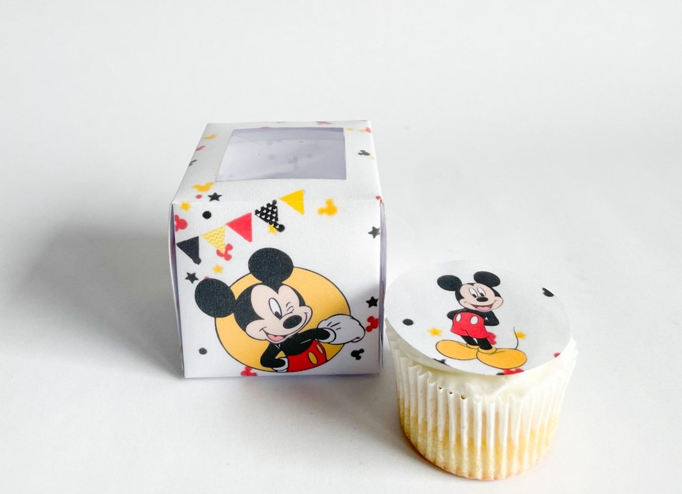 Cupcake Box WITH CUPCAKE: Mickey Mouse Inspired, Quantity: 12, Add Cupcake to Cupcake Boxes: Add Themed cupcake with fondant print
