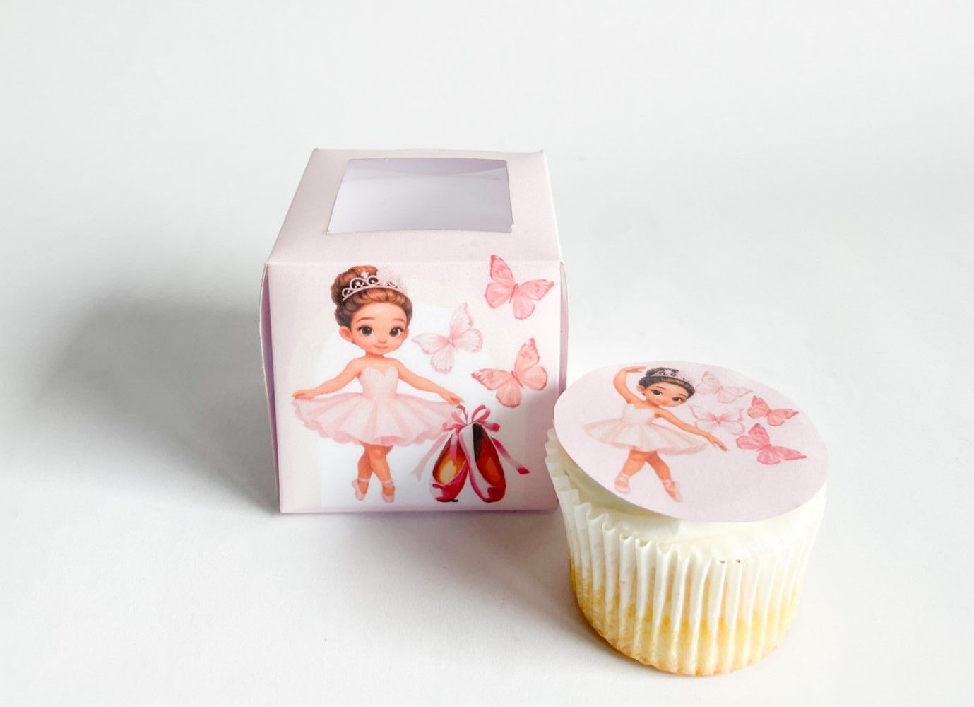 Cupcake Box WITH CUPCAKE: Ballerina, Quantity: 12, Add Cupcake to Cupcake Boxes: Add Themed cupcake with fondant print