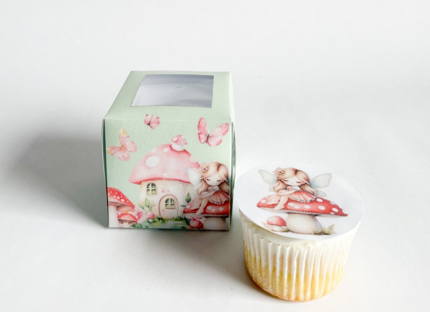 Cupcake Box WITH CUPCAKE: Fairy Garden, Quantity: 12, Add Cupcake to Cupcake Boxes: Add Themed cupcake with fondant print