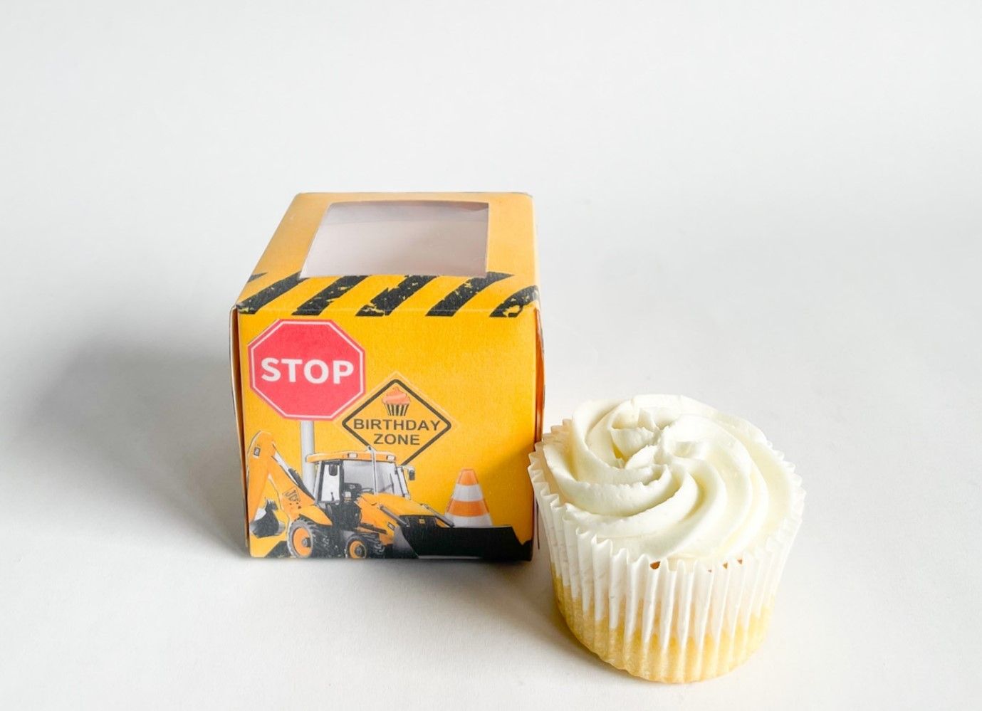 Cupcake Box WITH CUPCAKE: Little Builder, Quantity: 12, Add Cupcake to Cupcake Boxes: Add Simple iced Cupcake