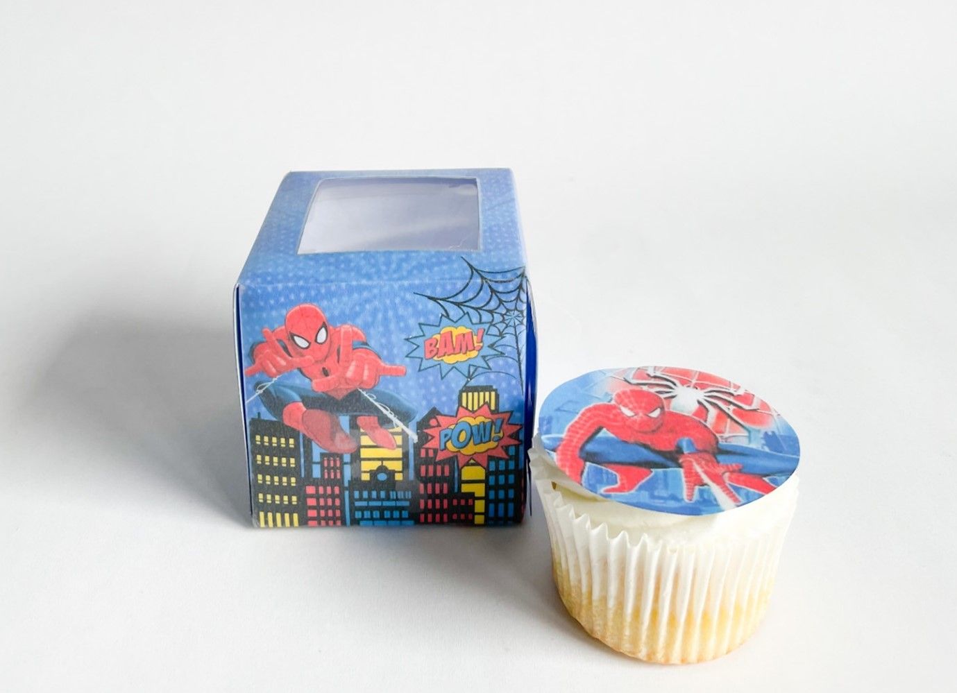 Cupcake Boxes WITH CUPCAKE: Spiderman Inspired, Quantity: 12, Add Cupcake to Cupcake Boxes: Add Themed cupcake with fondant print