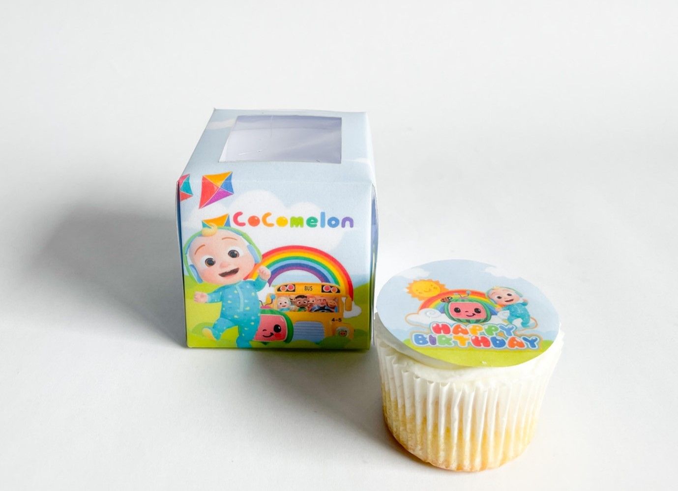 Cupcake Box WITH CUPCAKE: CocoMelon inspired, Quantity: 12, Add Cupcake to Cupcake Boxes: Add Themed cupcake with fondant print