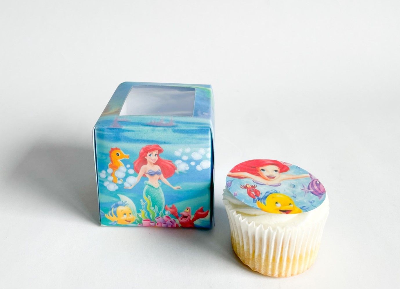 Cupcake Box WITH CUPCAKE:  Little Mermaid inspired, Quantity: 12, Add Cupcake to Cupcake Boxes: Add Themed cupcake with fondant print