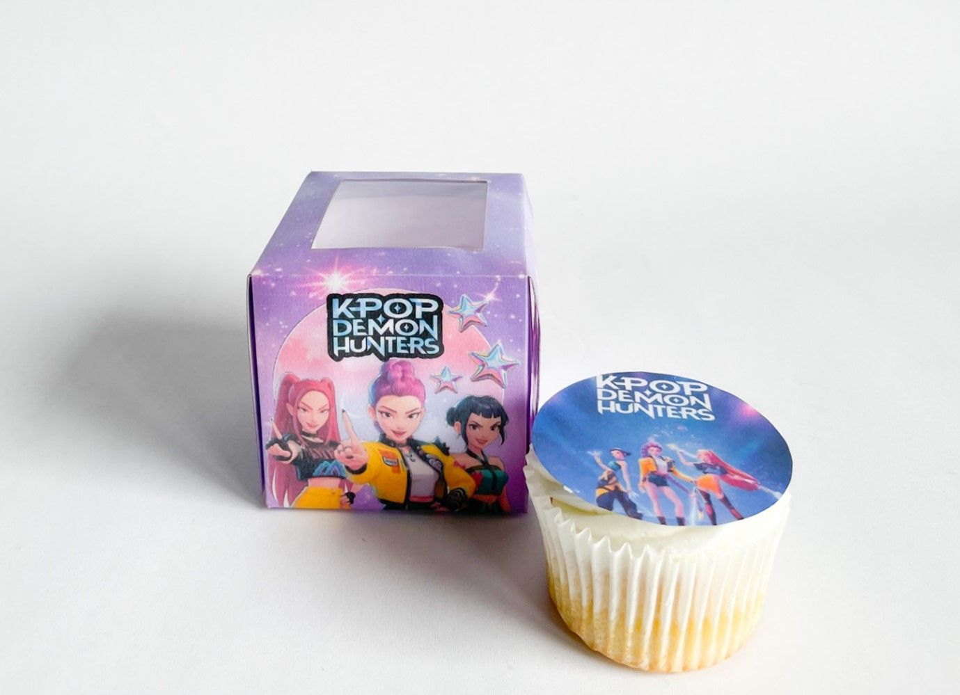 Cupcake Box WITH CUPCAKE:  K-Pop Demon Hunters inspired, Quantity: 12, Add Cupcake to Cupcake Boxes: Add Themed cupcake with fondant print