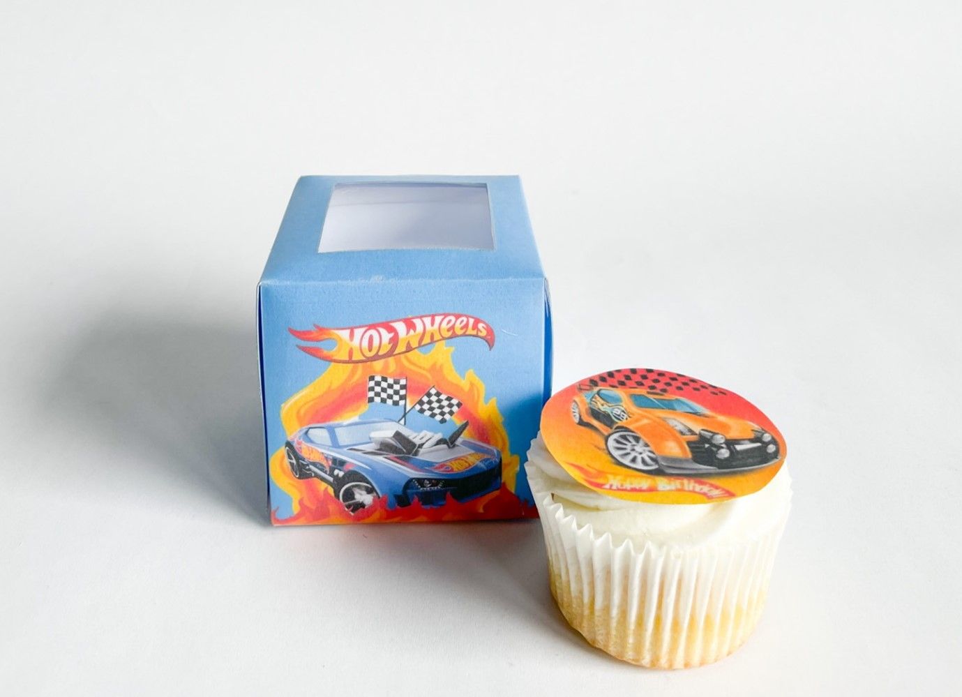 Cupcake Box WITH CUPCAKE:  Hot Wheels inspired, Quantity: 12, Add Cupcake to Cupcake Boxes: Add Themed cupcake with fondant print