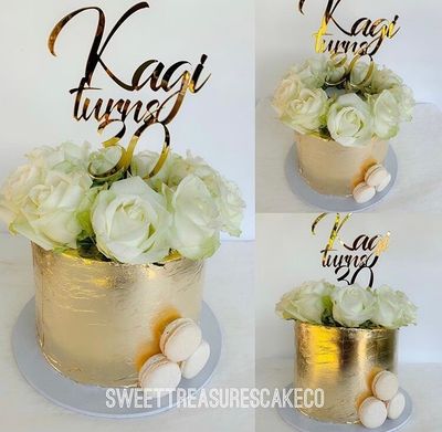 Gold leaf wrapped florals Single tier Cake