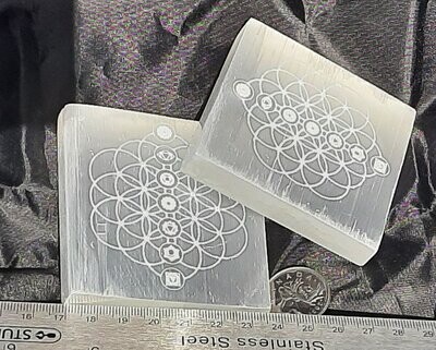 Selenite Charge Place Square Flower of Life with Chakra 14cm