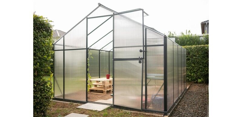 Gewächshaus ALU SANUS ANTRAZIT - B290 cm, 6 mm Polycarbonat + Dachfenster + aut. Fensteröffner + Lieferung