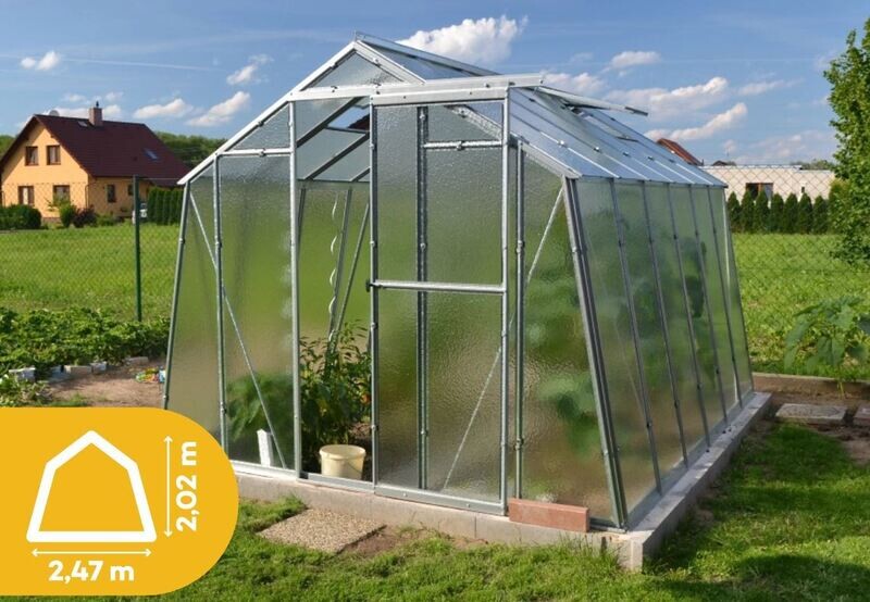 Gewächshaus GLAS – Glas 4 mm – Breite 2,47 m + Dachrinne + Lieferung