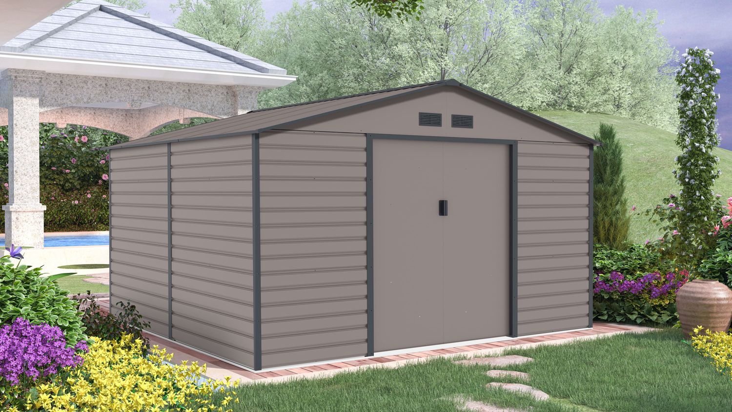 Metall Gartenhaus/Schuppen 10,18 m² - 3,3 x 3,1 m - Grau