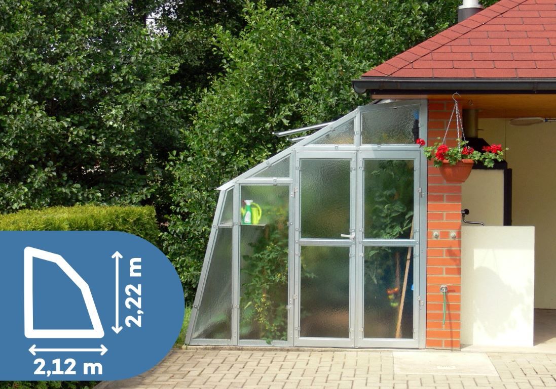 Anlehn Gewächshaus GLAS VARIANT D - Glas 4mm - Breite 2,12m + Rinne + Lieferung