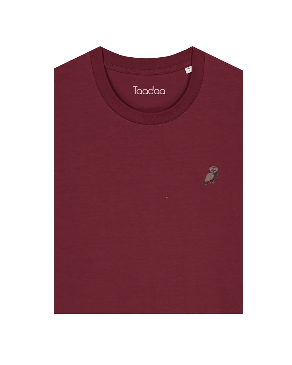 Bio T-shirt - Uil - UNISEX, Kleur T-shirt: Bordeaux Rood