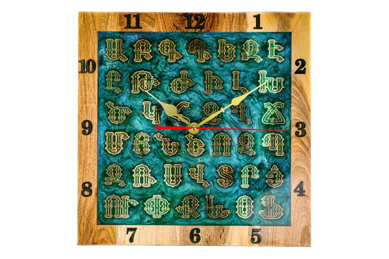 Wall clock with Armenian Alphabet Made Out Of Wood And Epoxid 14&quot;