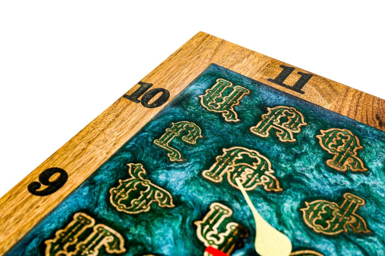 Wall clock with Armenian Alphabet Made Out Of Wood And Epoxid 14&quot;