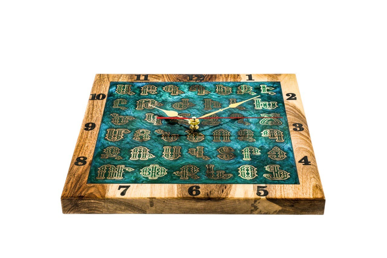 Wall clock with Armenian Alphabet Made Out Of Wood And Epoxid 14&quot;
