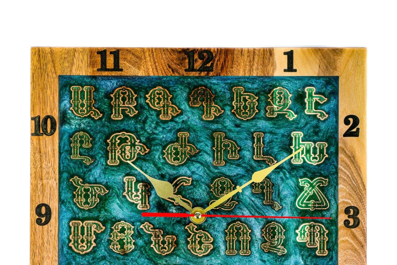 Wall clock with Armenian Alphabet Made Out Of Wood And Epoxid 14&quot;