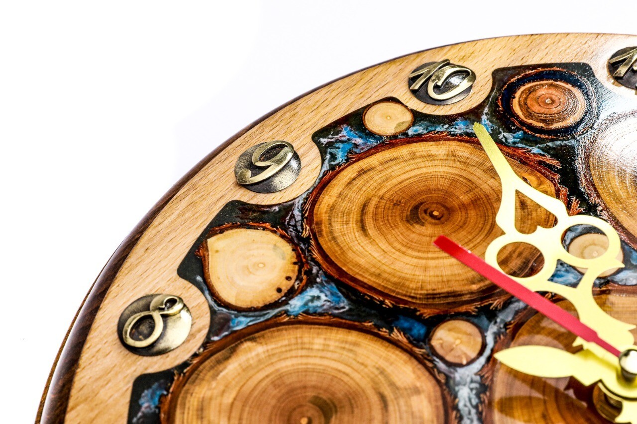 Clock with tree branch slices and epoxy  35cm