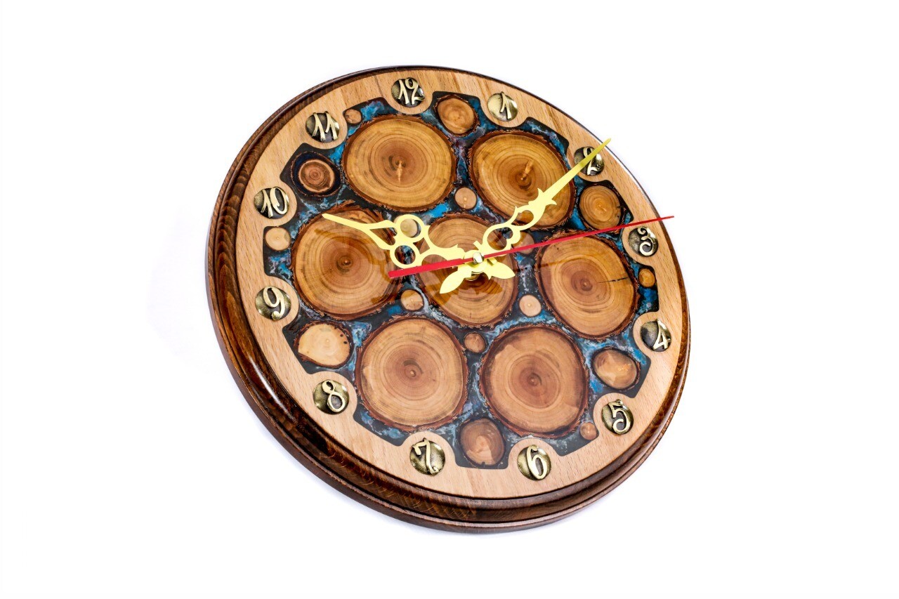 Clock with tree branch slices and epoxy  35cm