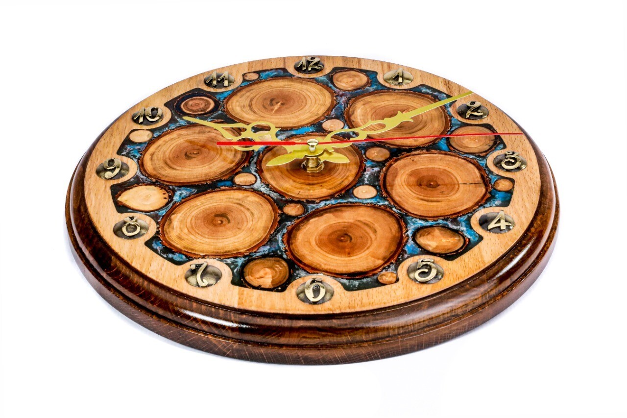 Clock with tree branch slices and epoxy  35cm