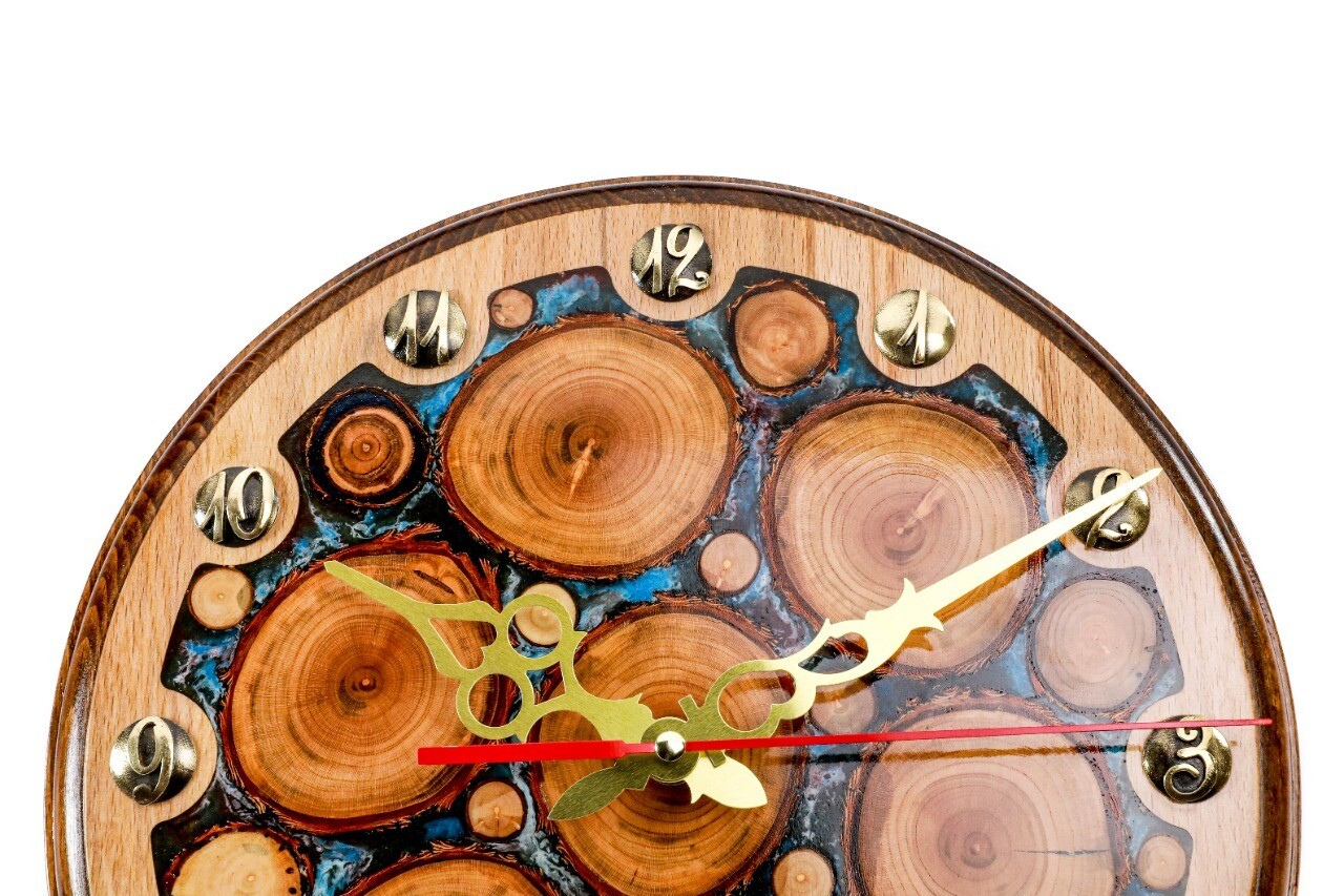 Clock with tree branch slices and epoxy  35cm