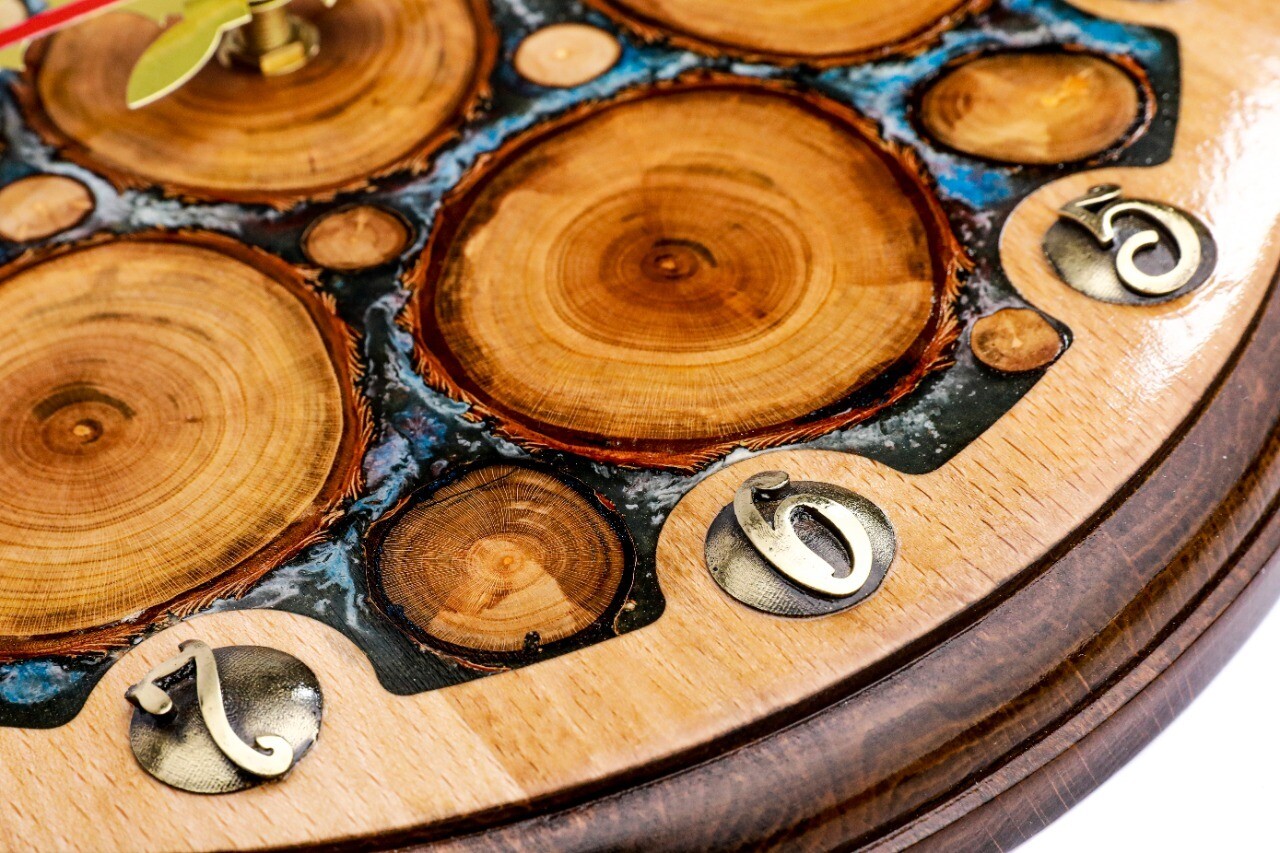 Clock with tree branch slices and epoxy  35cm