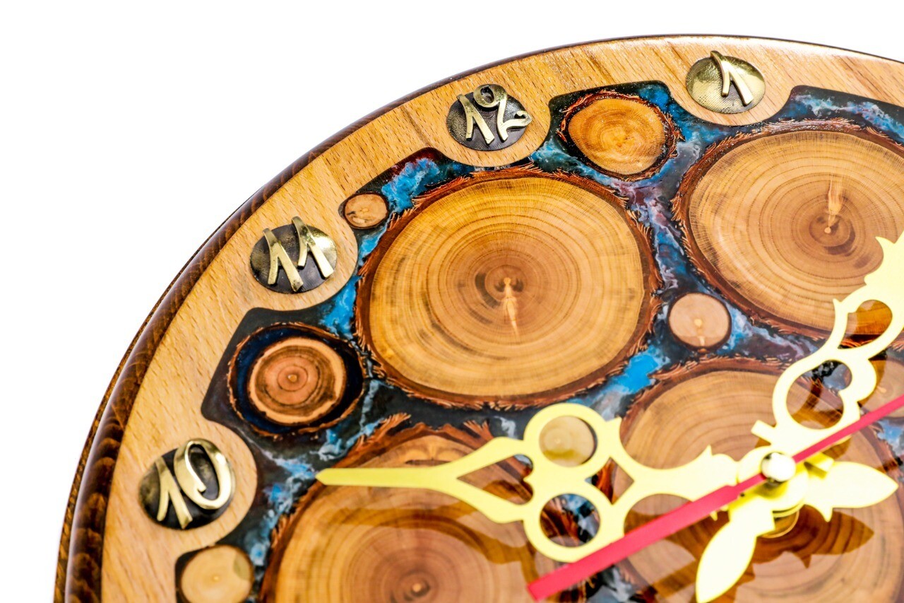Clock with tree branch slices and epoxy  35cm