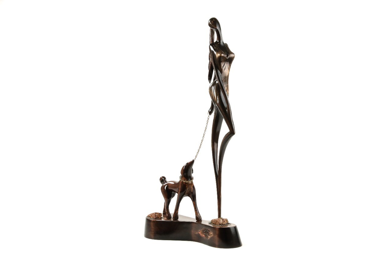 Hand Made Wooden Souvenir Girl Walking Dog 21&quot; x 12&quot; x 4&quot;
